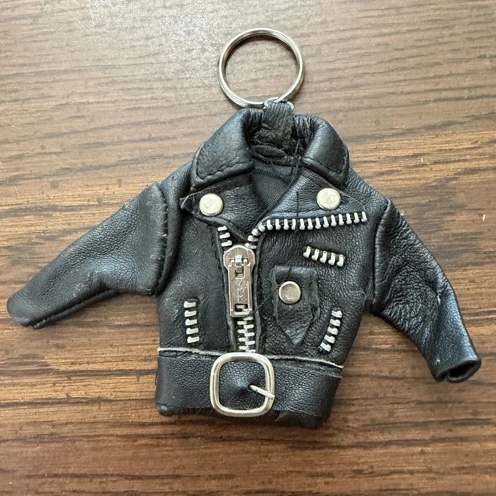 Vintage 80s Mini Black Leather Jacket Keychain Purse Charm Punk Rock Biker